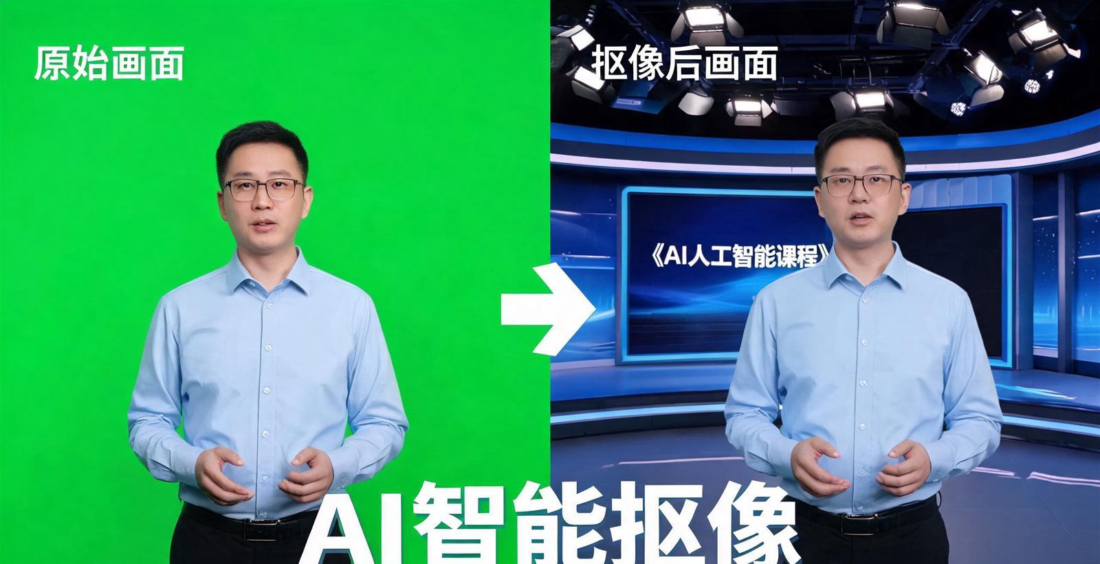 绿幕抠像前后对比：讲师合成到虚拟演播室背景